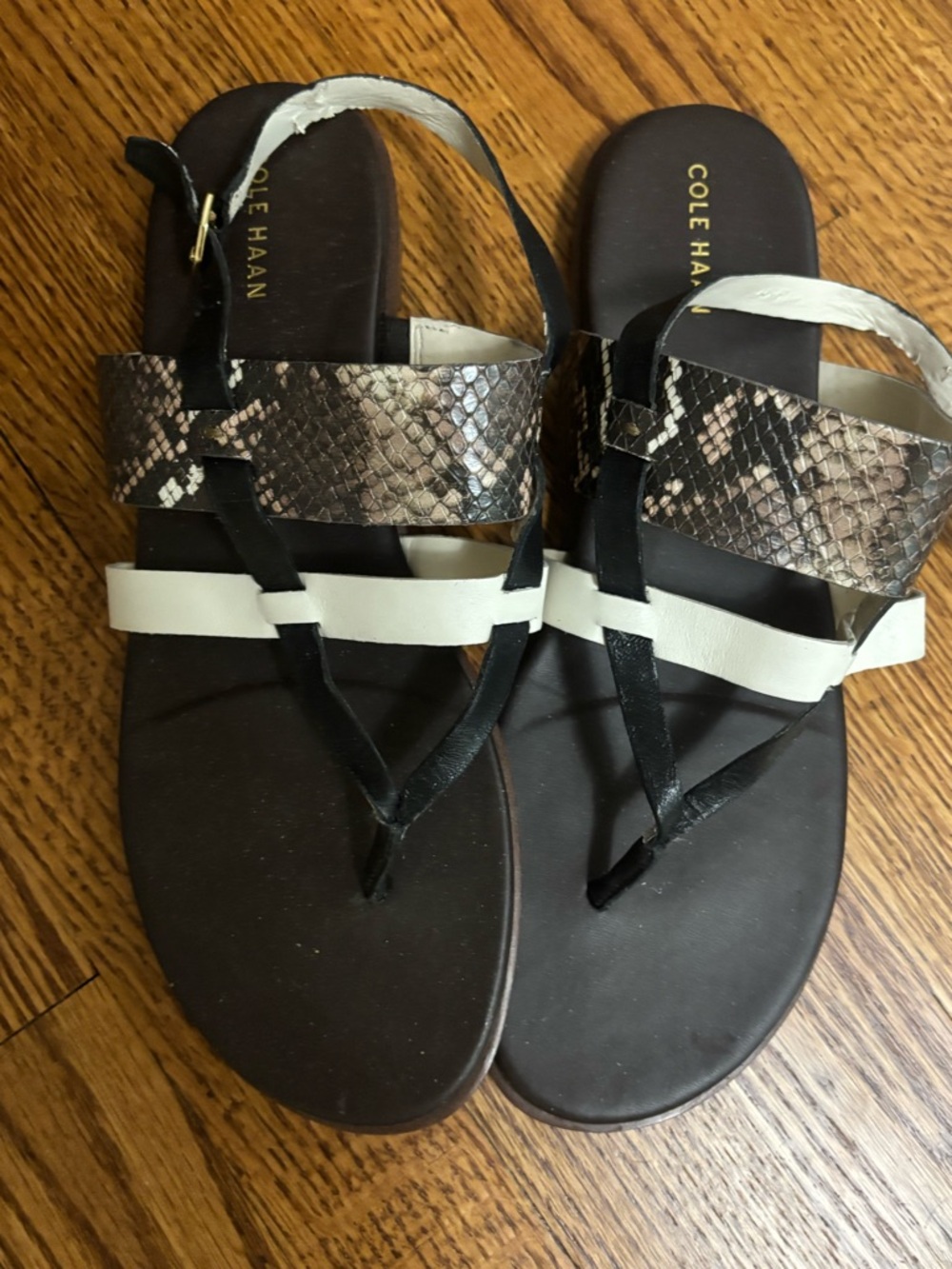 Cole Haan Black, White & Snake-Print Leather Thong Sandals 9.5